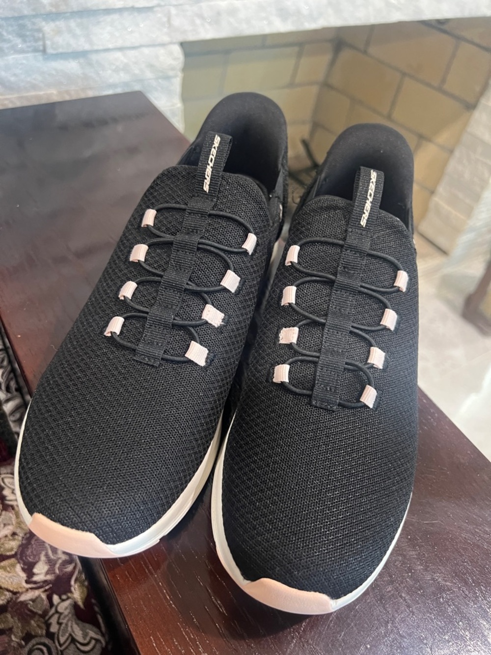 Skechers Black Knit Slip-On Sneakers with Pink Accents